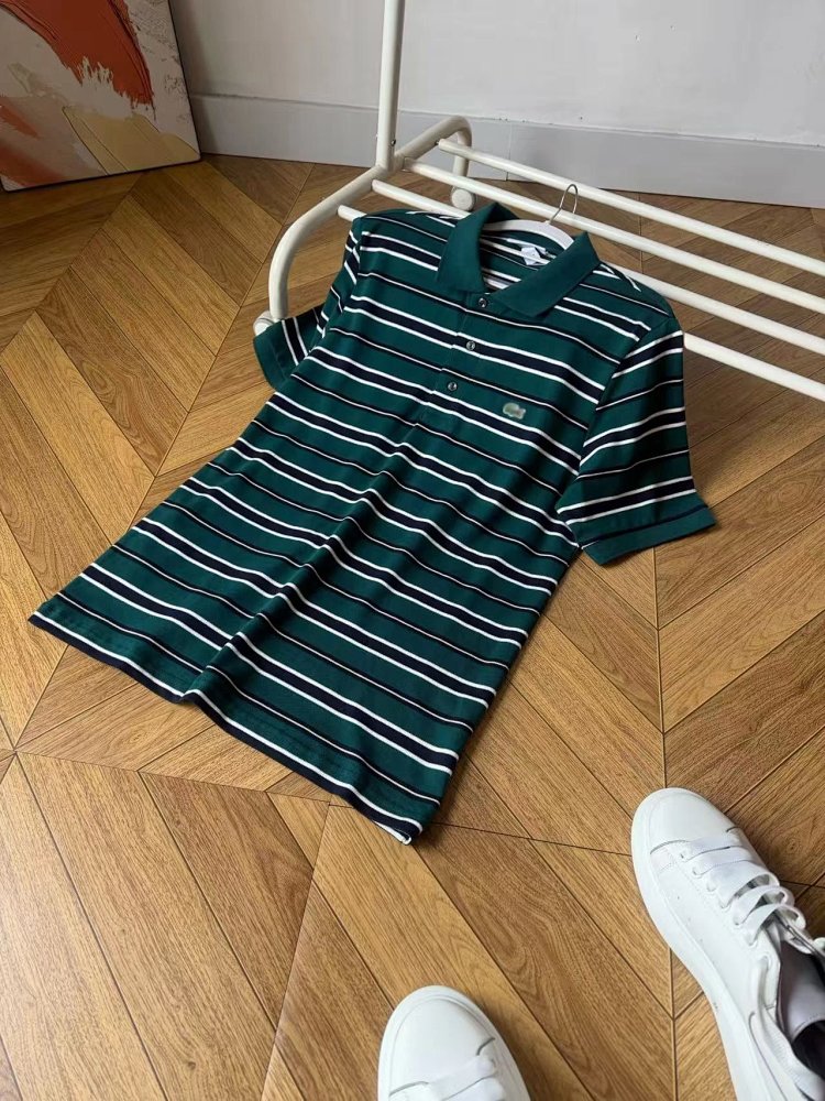 LACOSTE  Summer minimalist business casual striped lapel pearl cotton polo shirt retro embroidered pure cotton men's short sleeved shirt