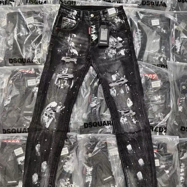 DSQUARED2 Knife Cut Ink Ripped Denim Pants Men's Black Light Luxury Straight Leg Slim Fit Pants