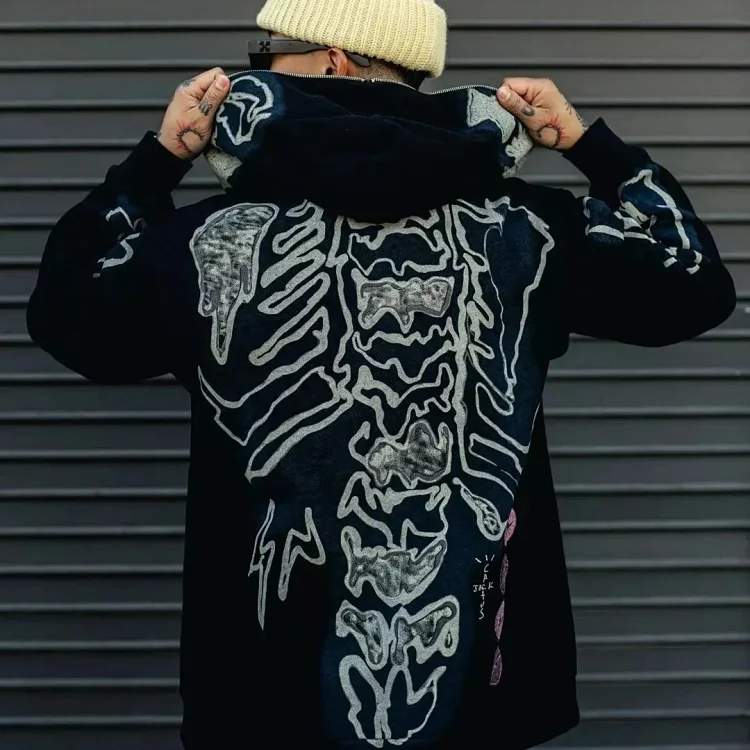 Travis Scott Skeleton Skeleton Velvet Hooded Sweatshirt for Cardigan Jacket