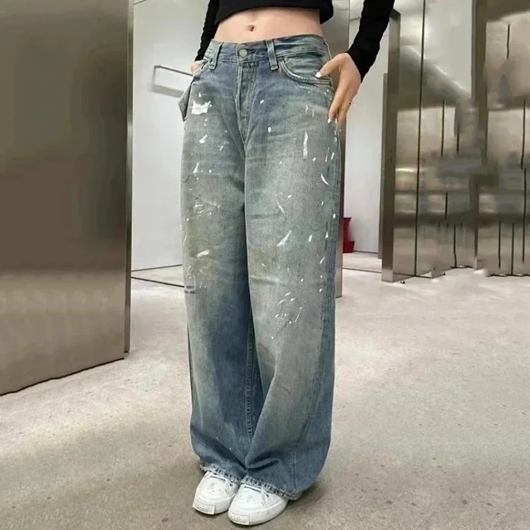 AC hand-painted splash-ink frayed washed distressed wide-leg jeans