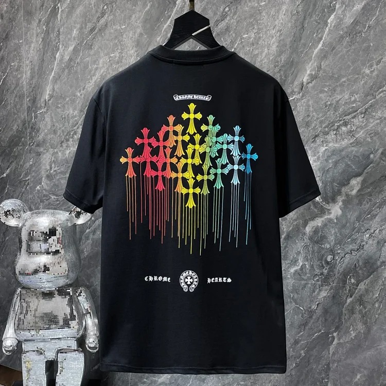Cross horseshoe patchwork leather and ruffled short-sleeved T-shirt
