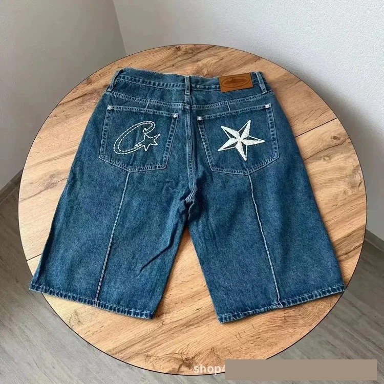 Corteiz Alcatraz jeans star embroidered jacket high street retro distressed shorts five-quarter pants trendy
