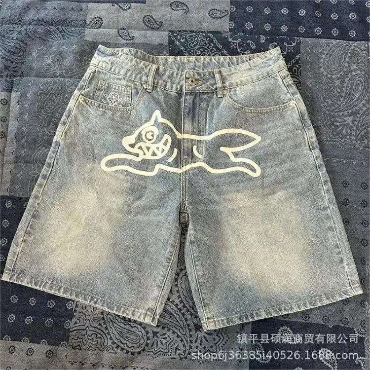 American high street fashion brand flying dog print unisex denim trousers