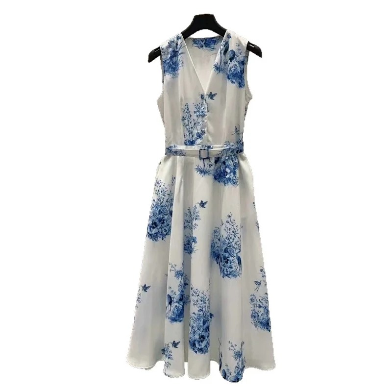 Skirt Seaside Vacation Blue and White Printed Long Skirt