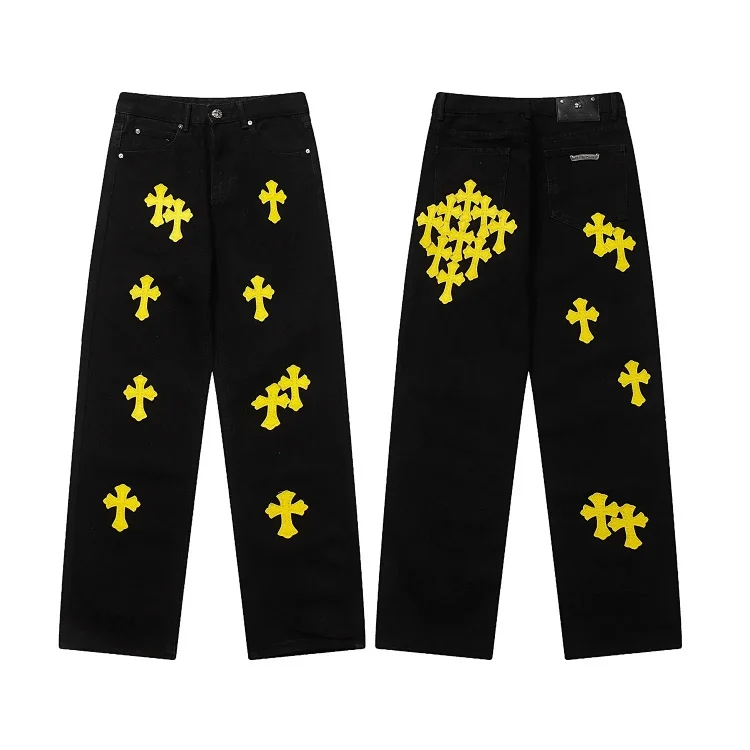 Chrome Hearts High-quality Leather Cross Men's and Women's American Straight-through Loose Jeans
