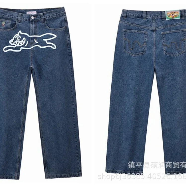 American high street fashion brand flying dog print unisex denim trousers