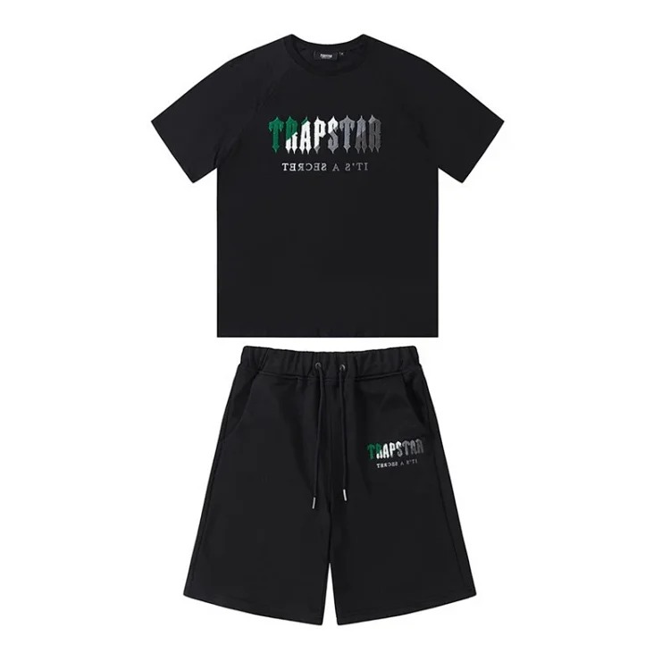 Gradient letters white and blue towel embroidery short-sleeved T-shirt shorts men's couple casual suit ins