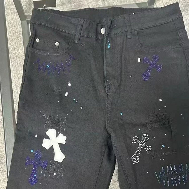 Chrome Hearts High Street Black Cross Hot Drilled Punched Jeans
