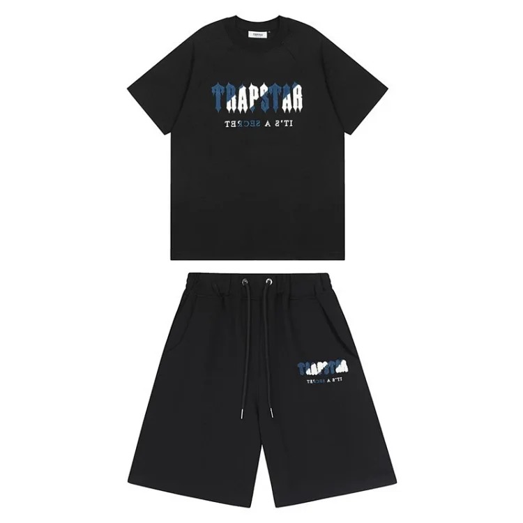 Gradient letters white and blue towel embroidery short-sleeved T-shirt shorts men's couple casual suit ins
