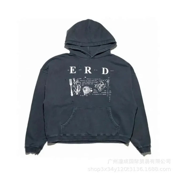 ERD Melancholy Rich Second Generation Washed and Distressed Letter Printed Hooded Sweatshirt