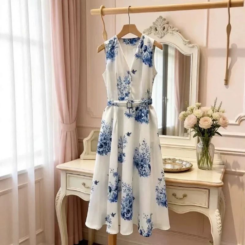 Skirt Seaside Vacation Blue and White Printed Long Skirt