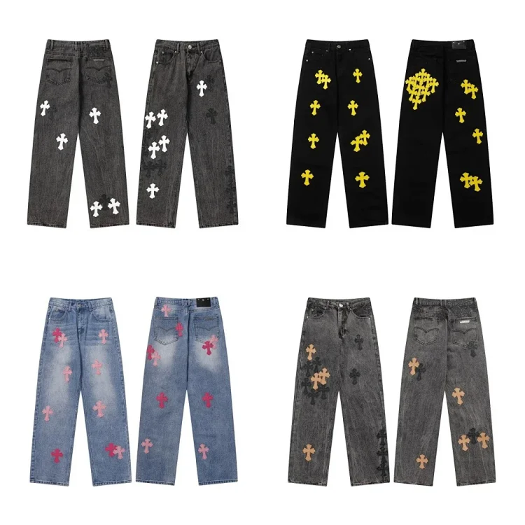 Chrome Hearts High-quality Leather Cross Men's and Women's American Straight-through Loose Jeans