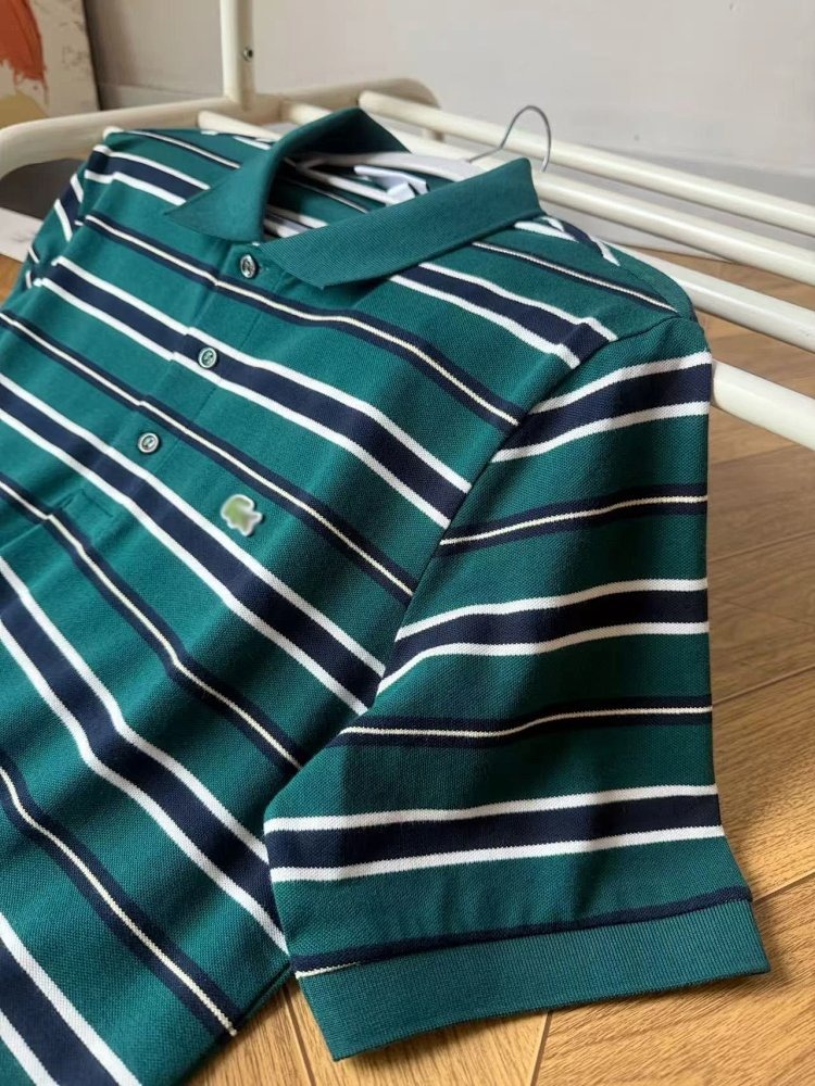 LACOSTE Summer Minimalist Business Casual Striped Lapel Pearl Cotton Polo Shirt Retro Embroidered T-Shirt