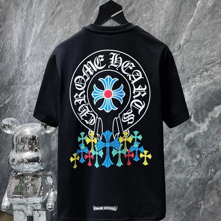 Cross horseshoe patchwork leather and ruffled short-sleeved T-shirt