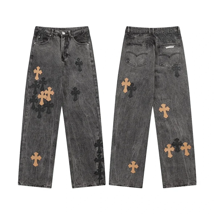 Chrome Hearts High-quality Leather Cross Men's and Women's American Straight-through Loose Jeans