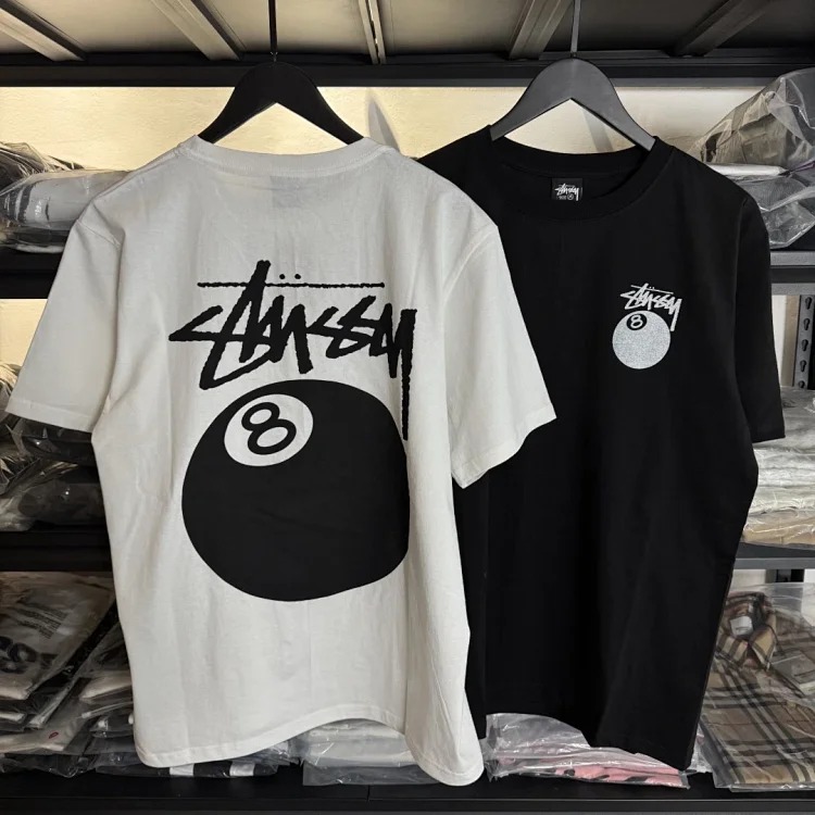 Stussy 8-ball Series SS24 Classic Black Eight Billiards Print Pattern Loose Round Neck T-Shirt