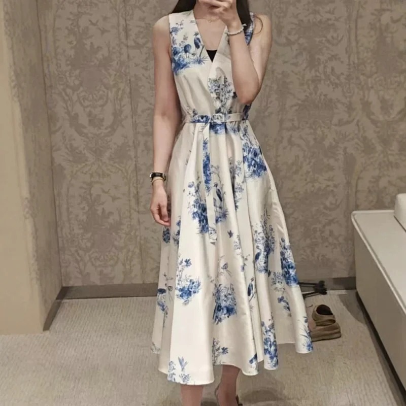 Skirt Seaside Vacation Blue and White Printed Long Skirt