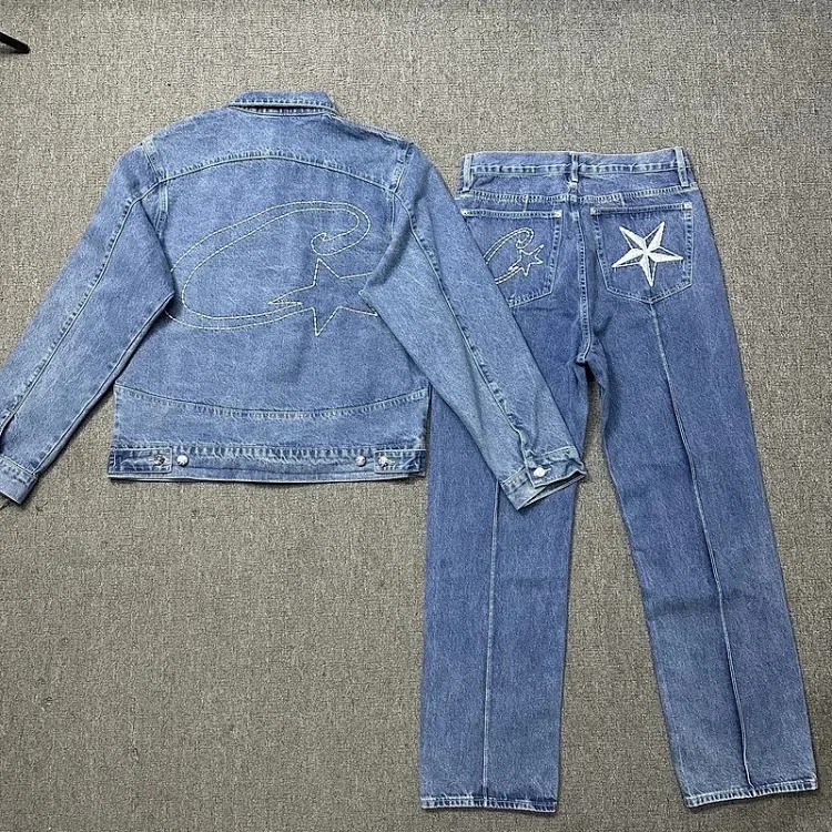 Corteiz Alcatraz jeans star embroidered jacket high street retro distressed shorts five-quarter pants trendy