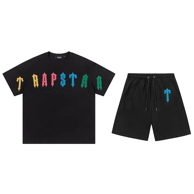 Gradient letters white and blue towel embroidery short-sleeved T-shirt shorts men's couple casual suit ins