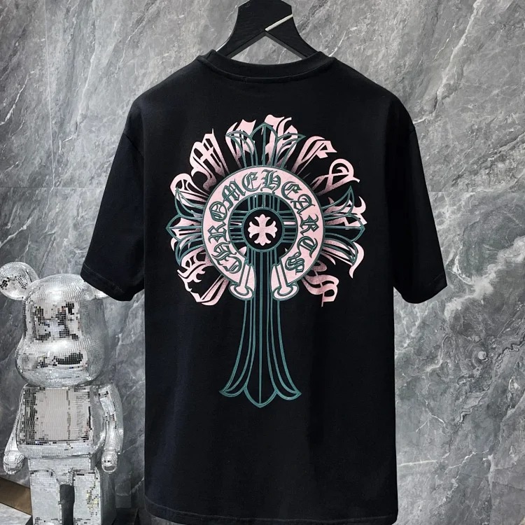 Cross horseshoe patchwork leather and ruffled short-sleeved T-shirt
