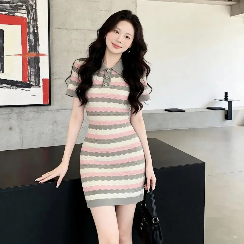 Skirt Summer New Socialite Small Fragrant Style Striped French Knitted Dress