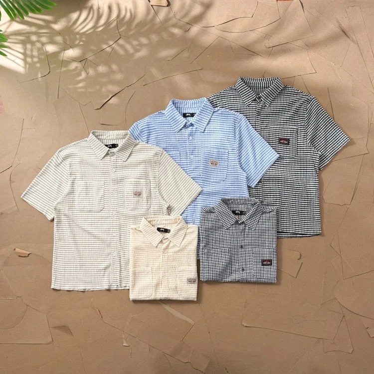 Stussy Label Logo Pleated Plaid Short-sleeved Shirt, for T-Shirt