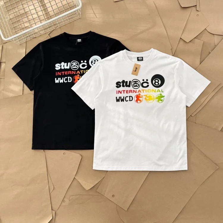 25SS Stussy Retro Series Gradient Color Cursive Logo Screen Printing Printed Short-sleeved T-Shirt