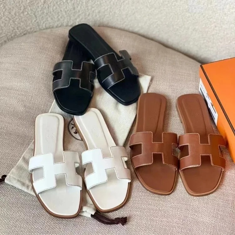 H family flat slippers for women, sheepskin all-inclusive embroidery thread for outer wear