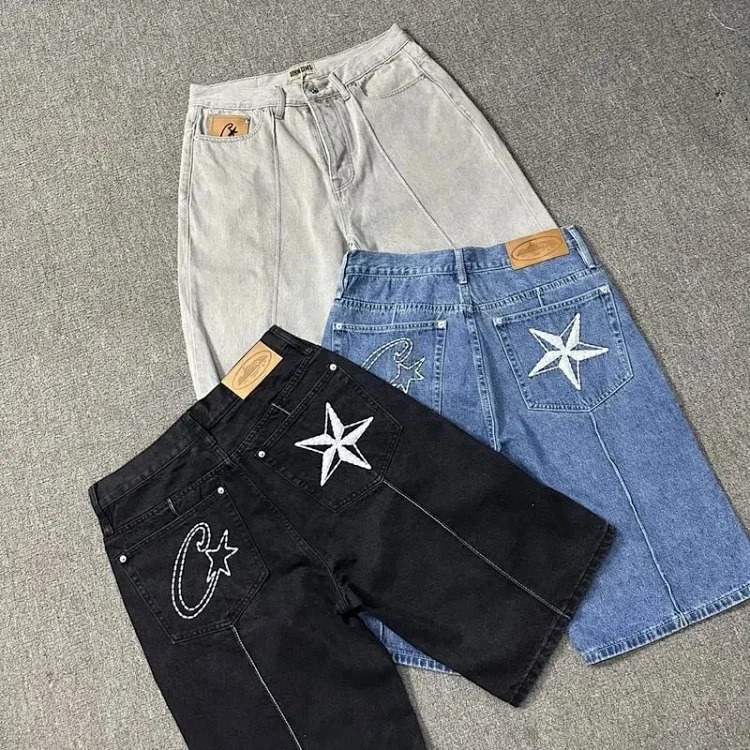 Corteiz Alcatraz jeans star embroidered jacket high street retro distressed shorts five-quarter pants trendy