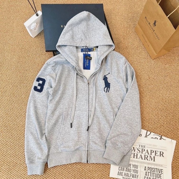 POLORalph Lauren Hooded Cardigan Zipper Jacket Unisex Ponytail with Fleece Warm Hoodie
