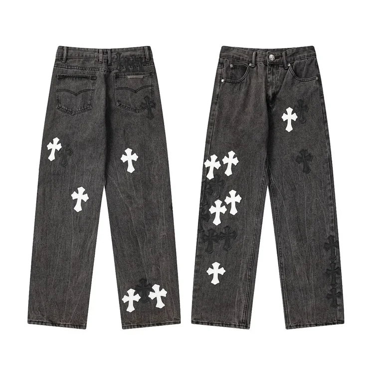 Chrome Hearts High-quality Leather Cross Men's and Women's American Straight-through Loose Jeans