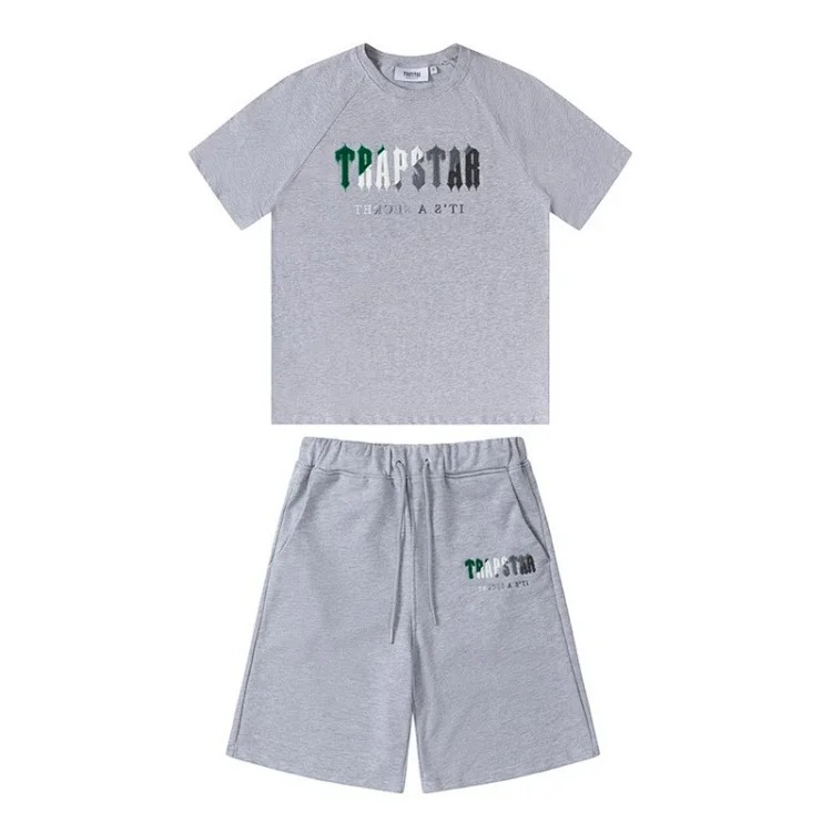 Gradient letters white and blue towel embroidery short-sleeved T-shirt shorts men's couple casual suit ins