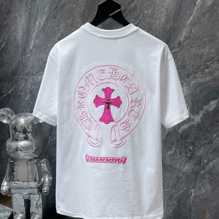 Cross horseshoe patchwork leather and ruffled short-sleeved T-shirt