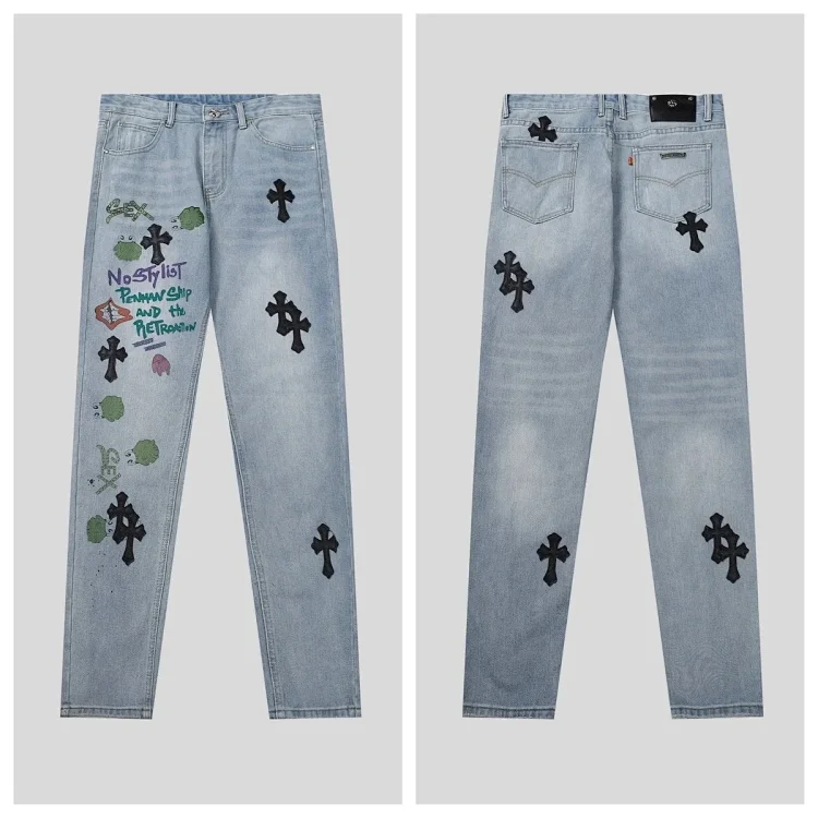 Chrome Hearts High-quality Leather Cross Men's and Women's American Straight-through Loose Jeans