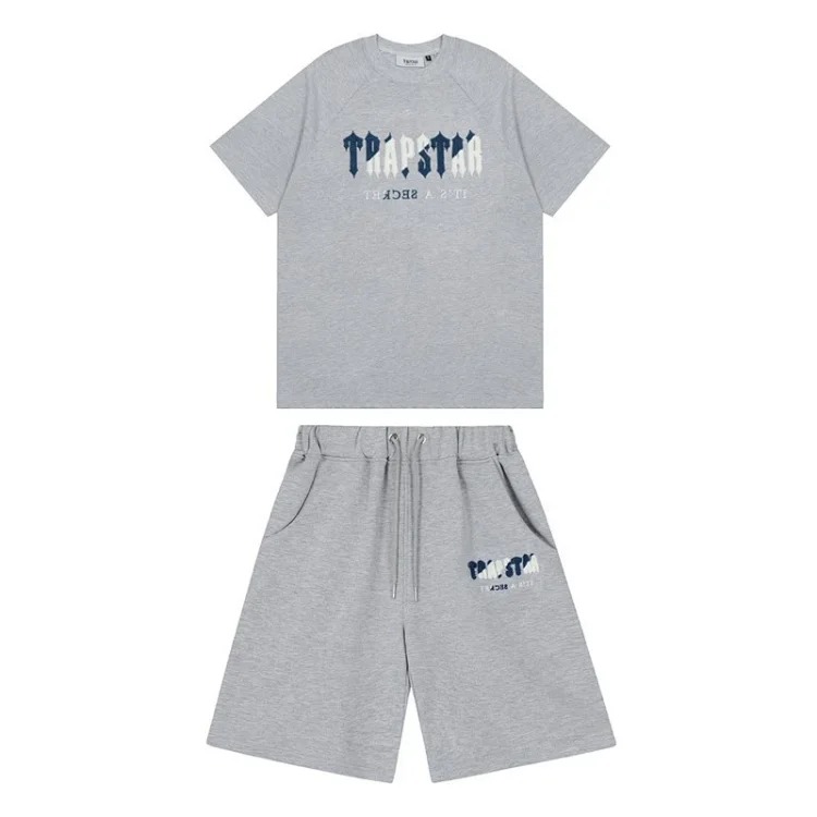 Gradient letters white and blue towel embroidery short-sleeved T-shirt shorts men's couple casual suit ins