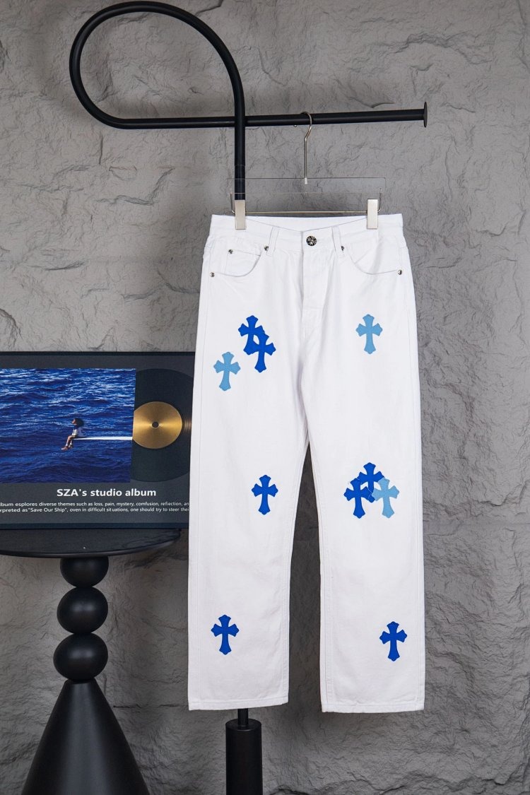 Chrome Hearts Cross White Blue Label Leather Jeans Pants
