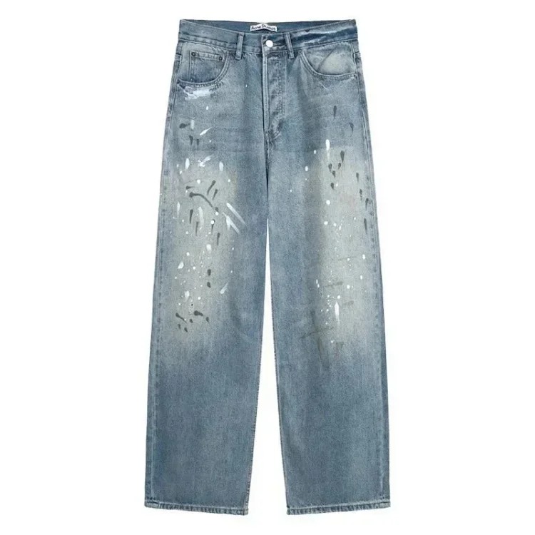 AC hand-painted splash-ink frayed washed distressed wide-leg jeans