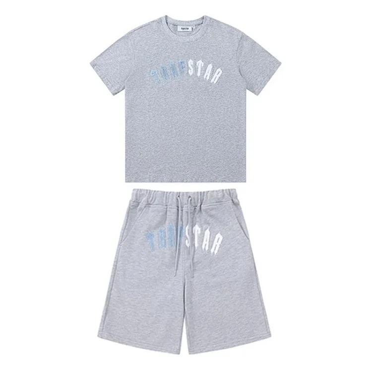 Gradient letters white and blue towel embroidery short-sleeved T-shirt shorts men's couple casual suit ins
