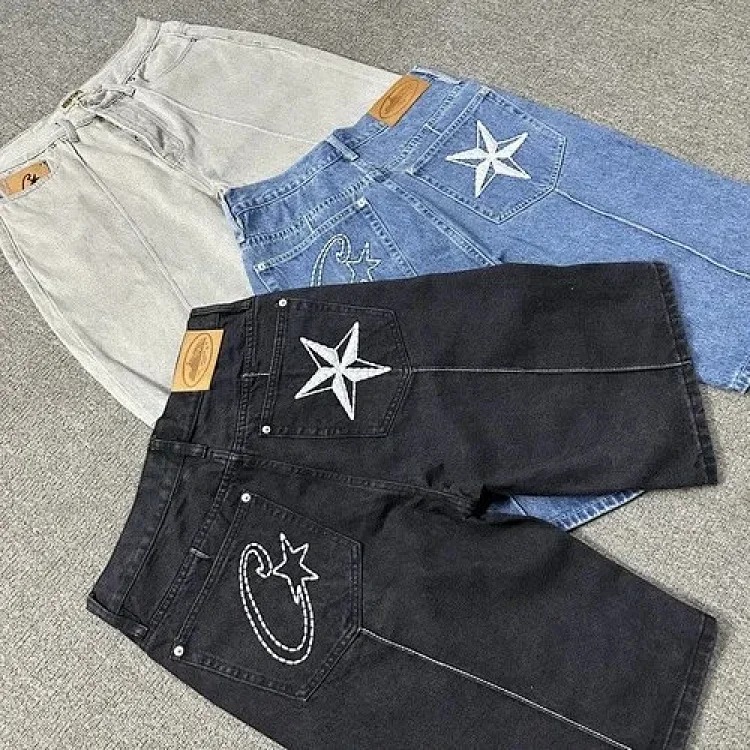 Corteiz Alcatraz jeans star embroidered jacket high street retro distressed shorts five-quarter pants trendy