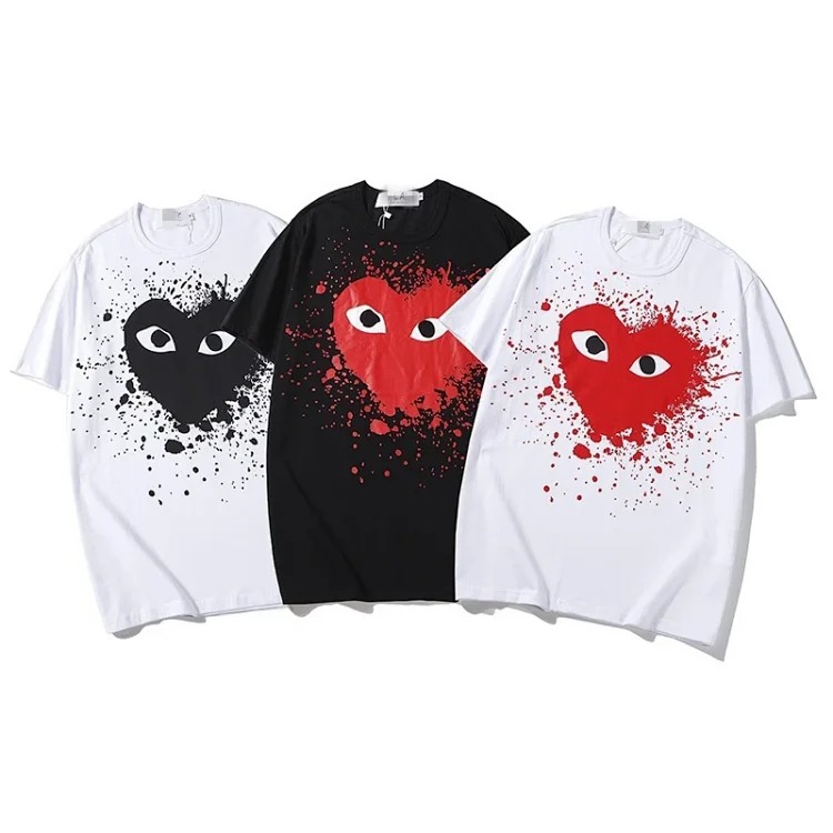 plaLove embroidered short-sleeved pure cotton red heart eyes couple T-shirt