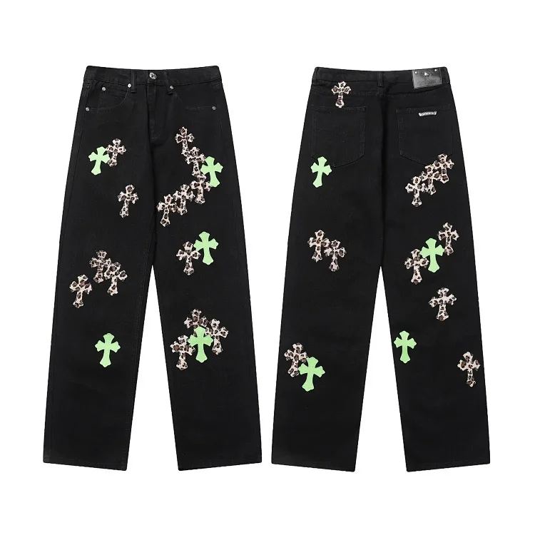 Chrome Hearts High-quality Leather Cross Men's and Women's American Straight-through Loose Jeans