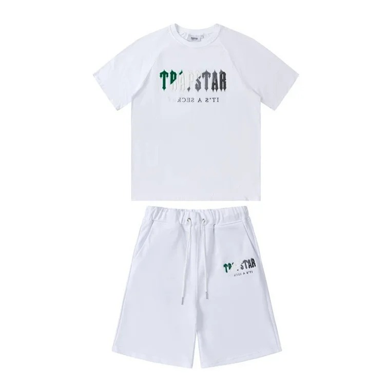 Gradient letters white and blue towel embroidery short-sleeved T-shirt shorts men's couple casual suit ins