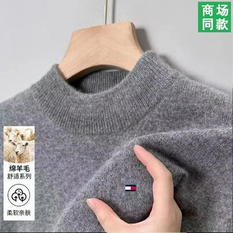 Tommy men's wool sweater winter cashmere half turtleneck thickened bottoming knitted pullover high-end sweater