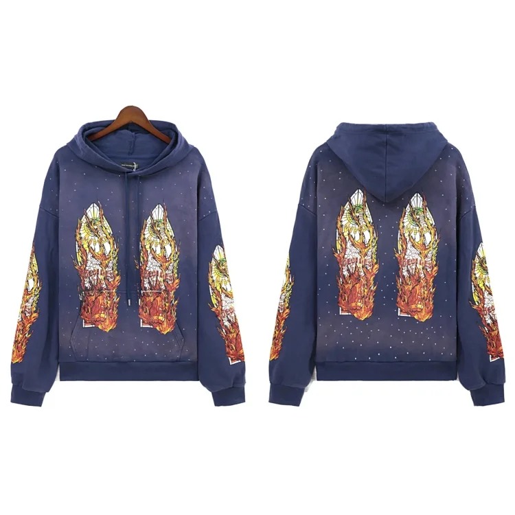 Washed distressed heavy industry print suit retro hooded sweatshirt