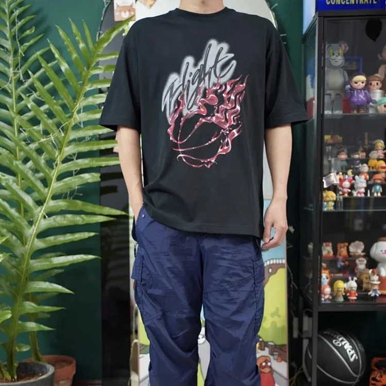 Heavyweight Travis Scott Cactus jack flame print rhinestone round neck pullover short-sleeved T-shirt tee