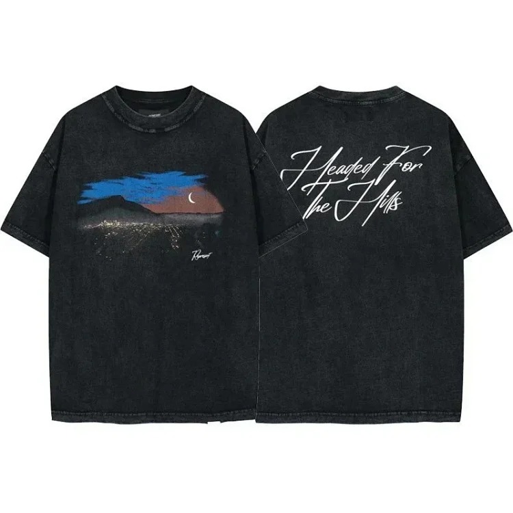 Letter print retro men's and women's couple round neck loose short-sleeved T-shirt