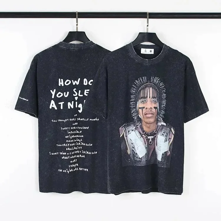 American Retro Niche Travis Scott Teezo Touchdown Utopia Tour Long Nail Head Washed T-Shirt