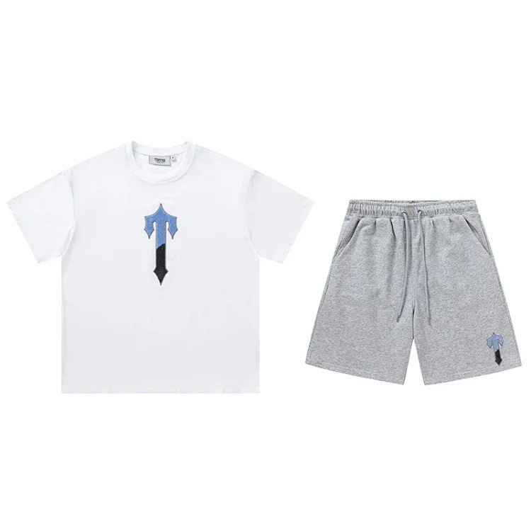 Gradient letters white and blue towel embroidery short-sleeved T-shirt shorts men's couple casual suit ins