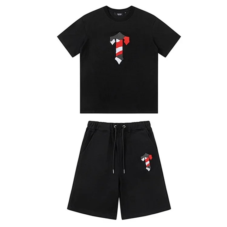 Gradient letters white and blue towel embroidery short-sleeved T-shirt shorts men's couple casual suit ins