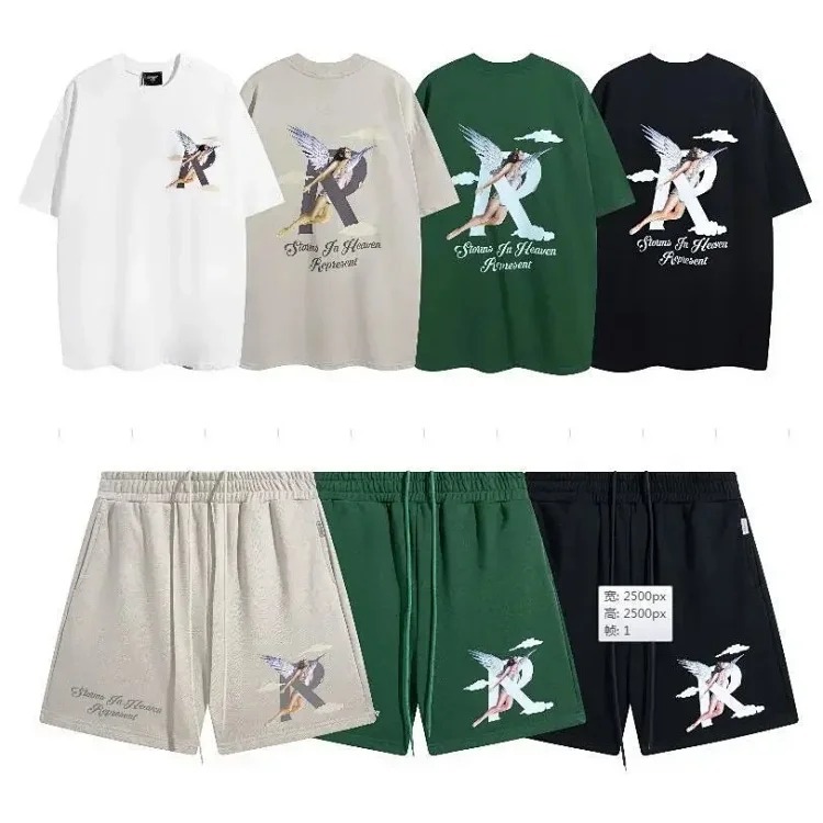 Angel Print Casual Sports Shorts Round Neck Short Sleeve T-Shirt